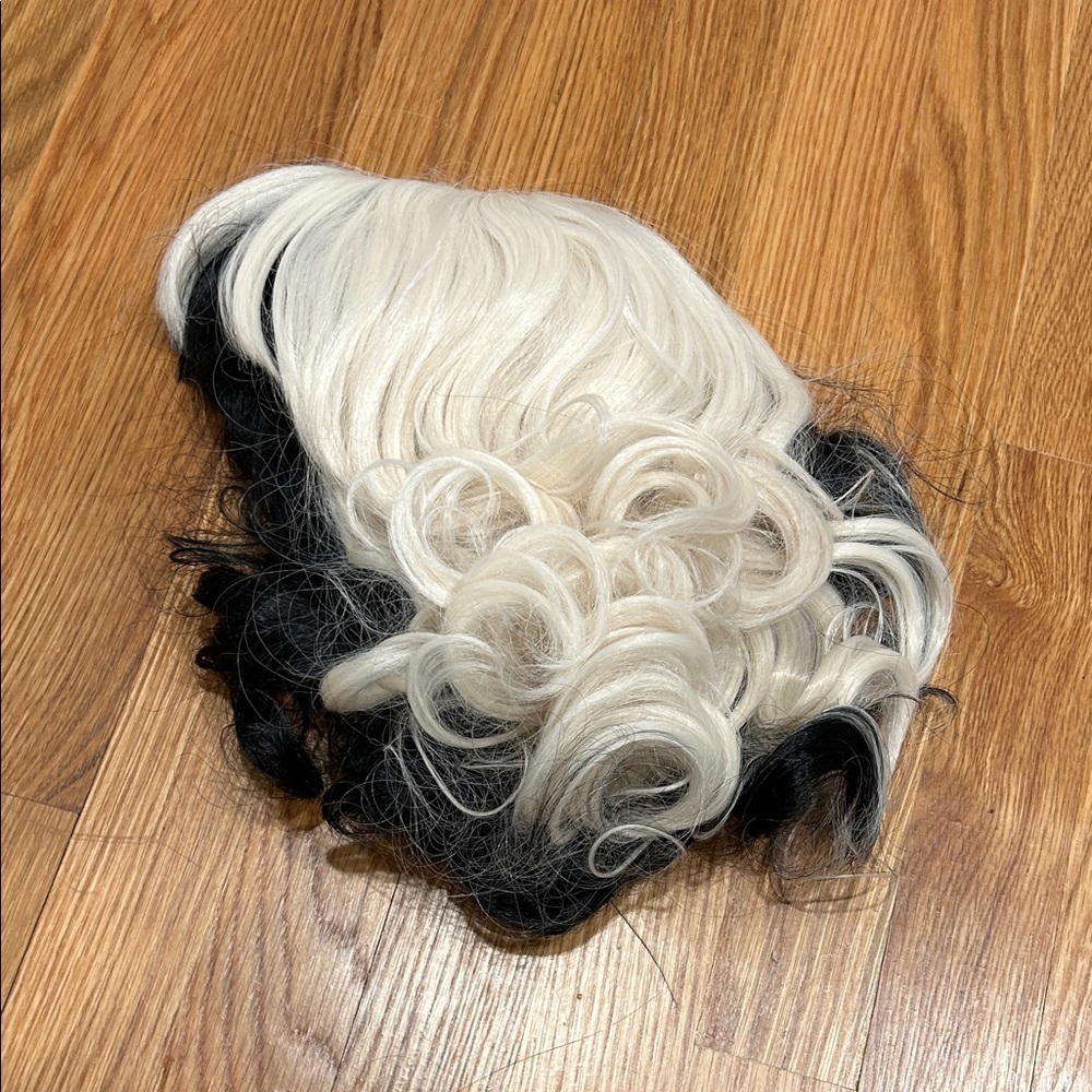 Split color hair Black and White Cruella curl Wig one size adjustable adult